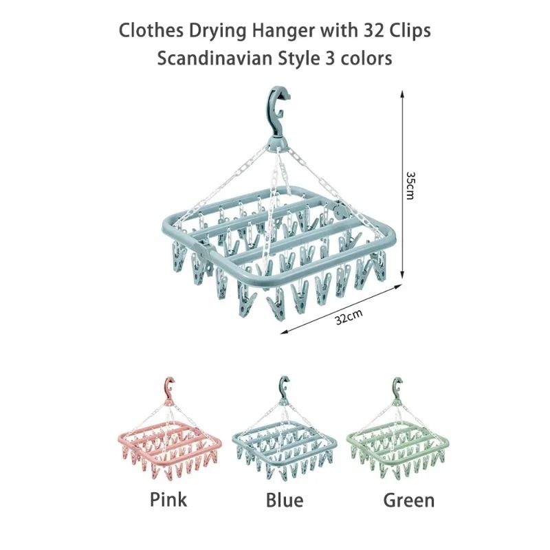 Foldable Clothes Drying Hanger With 32 Clips Space Saving Sock And Underwear Drying Rack 0
