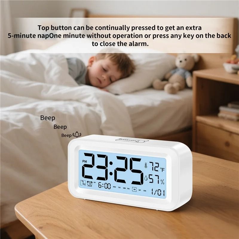 LED Digital Alarm Clock With Temperature And Humidity Display Adjustable Brightness Dual Mode 4