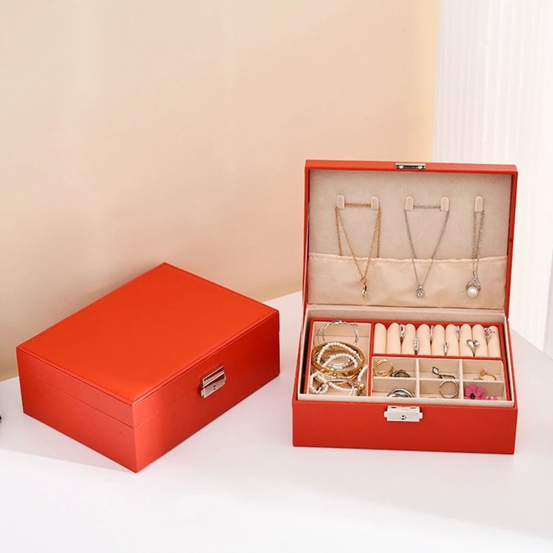 Lockable Double Layer Jewelry Storage Box PU Leather Organizer For Earrings Necklaces And Accessori 10
