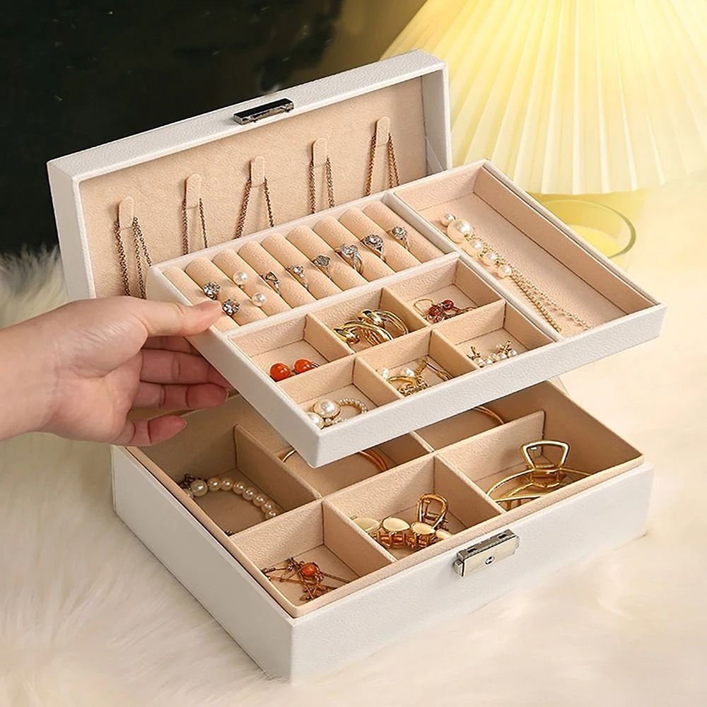 Lockable Double Layer Jewelry Storage Box PU Leather Organizer For Earrings Necklaces And Accessori 1
