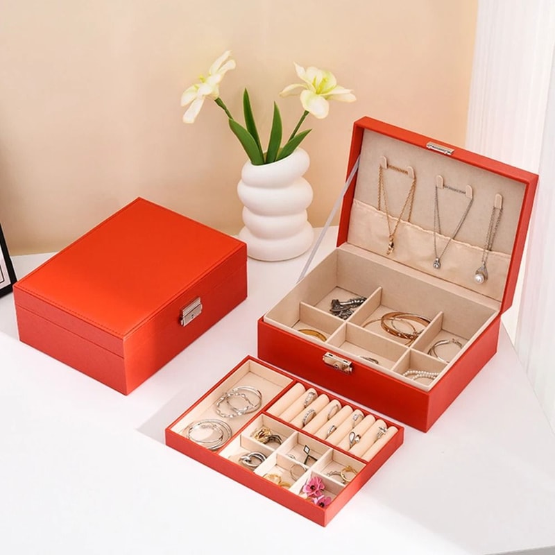 Lockable Double Layer Jewelry Storage Box PU Leather Organizer For Earrings Necklaces And Accessori 2