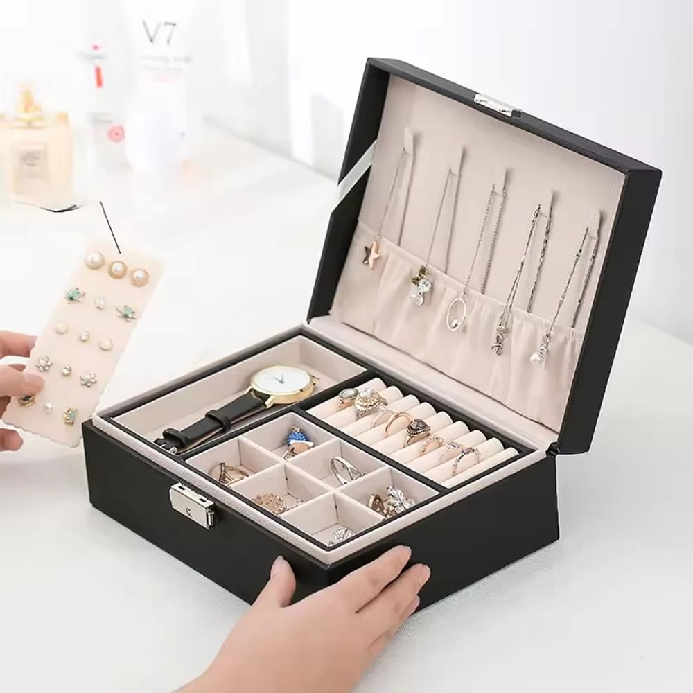 Lockable Double Layer Jewelry Storage Box PU Leather Organizer For Earrings Necklaces And Accessori 3