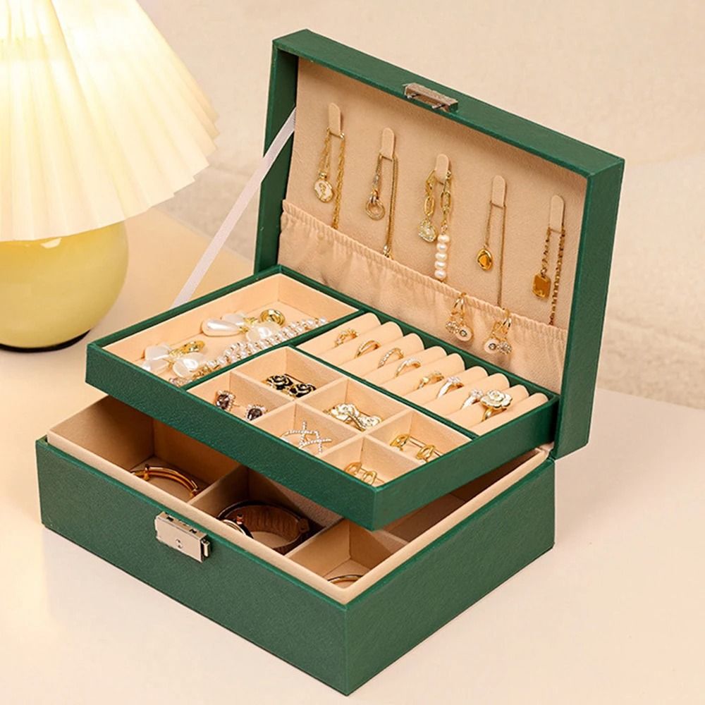 Lockable Double Layer Jewelry Storage Box PU Leather Organizer For Earrings Necklaces And Accessori 8