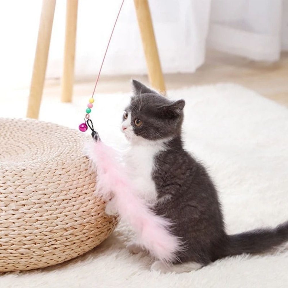 Cat Teaser Wand With Bell Feather And Suction Cup Long Interactive Stick 1