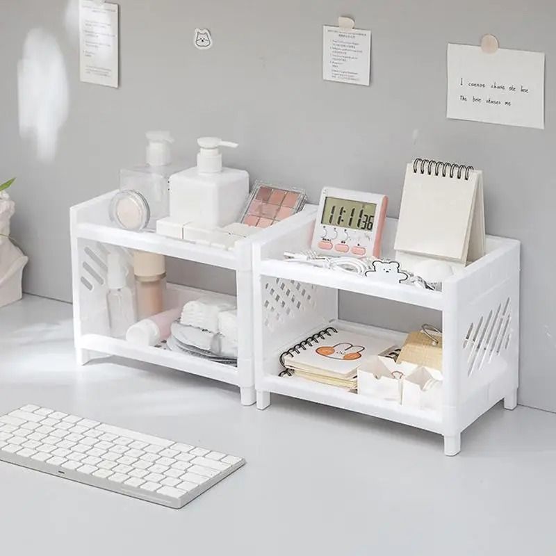 2 Tier Desktop Storage Rack White Organizer Shelf For Office Desk Cosmetics And Stationery 0