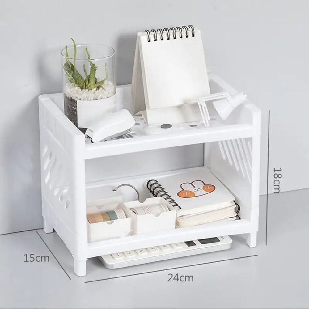 2 Tier Desktop Storage Rack White Organizer Shelf For Office Desk Cosmetics And Stationery 5