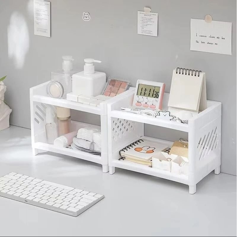 2 Tier Desktop Storage Rack White Organizer Shelf For Office Desk Cosmetics And Stationery 7