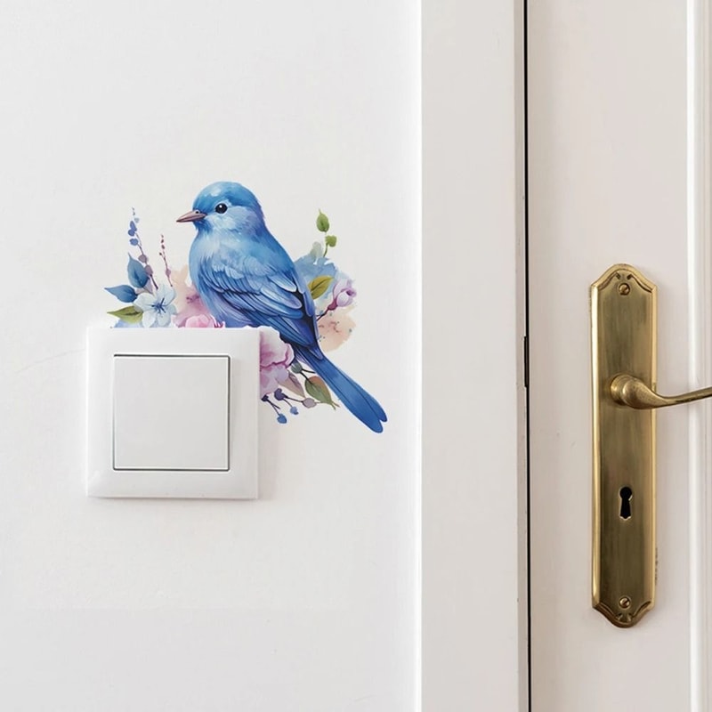 Cartoon Bird Switch Wall Sticker Green Plant And Flower Light Switch Cover Decal 0