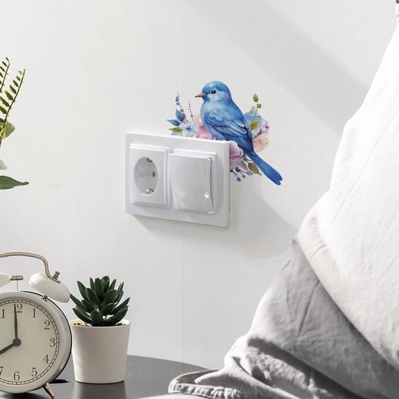 Cartoon Bird Switch Wall Sticker Green Plant And Flower Light Switch Cover Decal 1