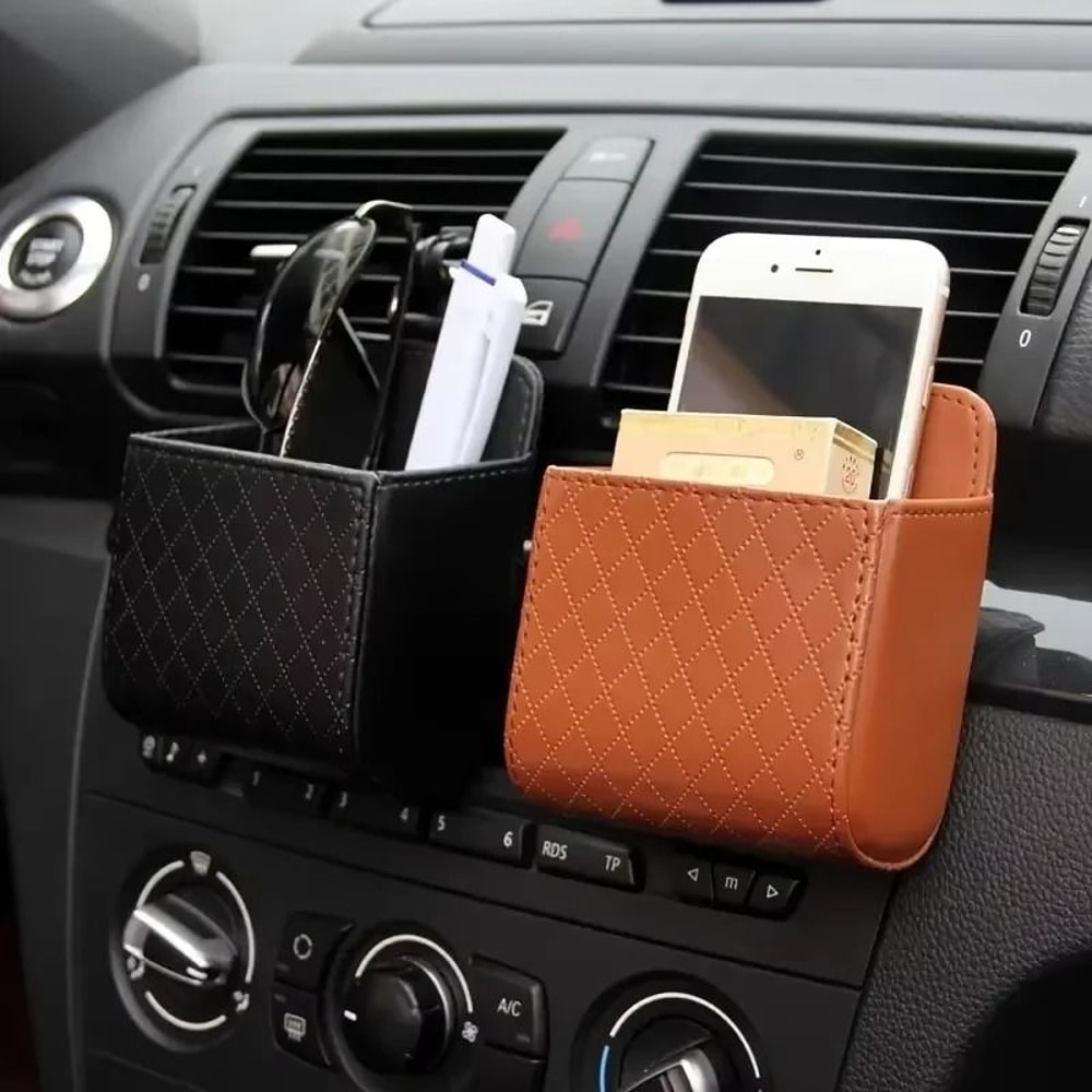 Car Air Vent Phone Holder Hanging Storage Bag PU Leather Glasses And Accessory Organizer 0