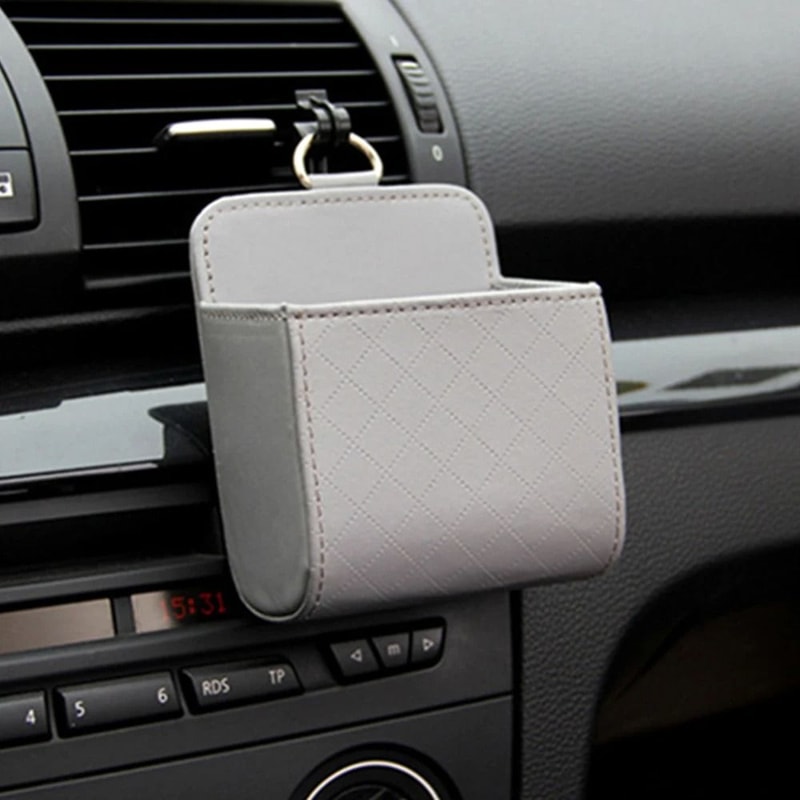 Car Air Vent Phone Holder Hanging Storage Bag PU Leather Glasses And Accessory Organizer 3