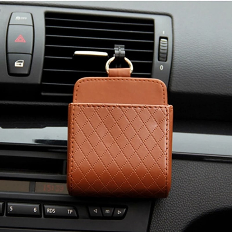 Car Air Vent Phone Holder Hanging Storage Bag PU Leather Glasses And Accessory Organizer 5