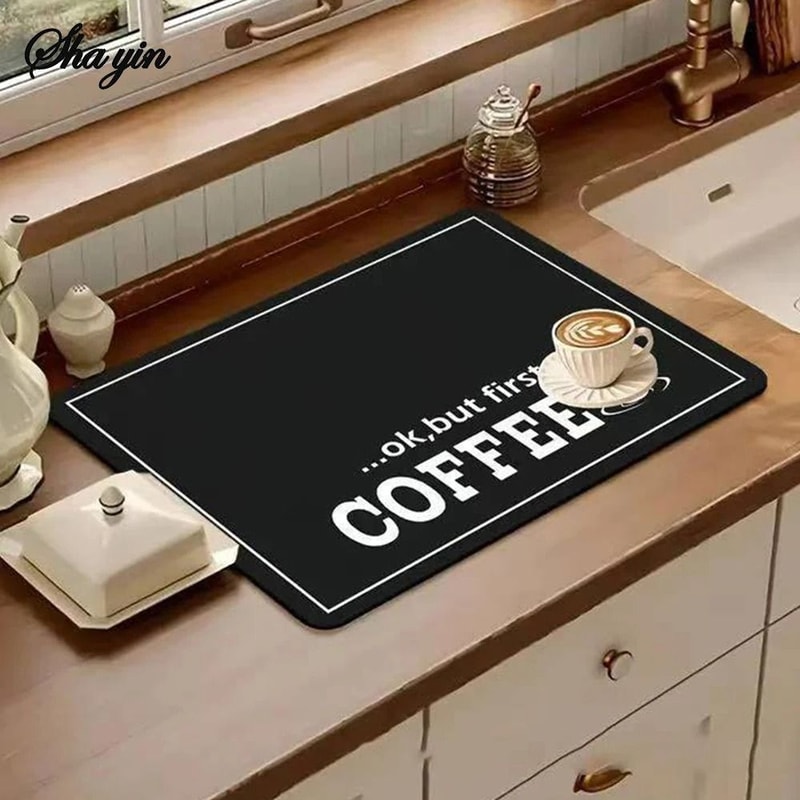Coffee Machine Drying Mat Water Absorbent Counter Mat Modern Black Coffee Print 1