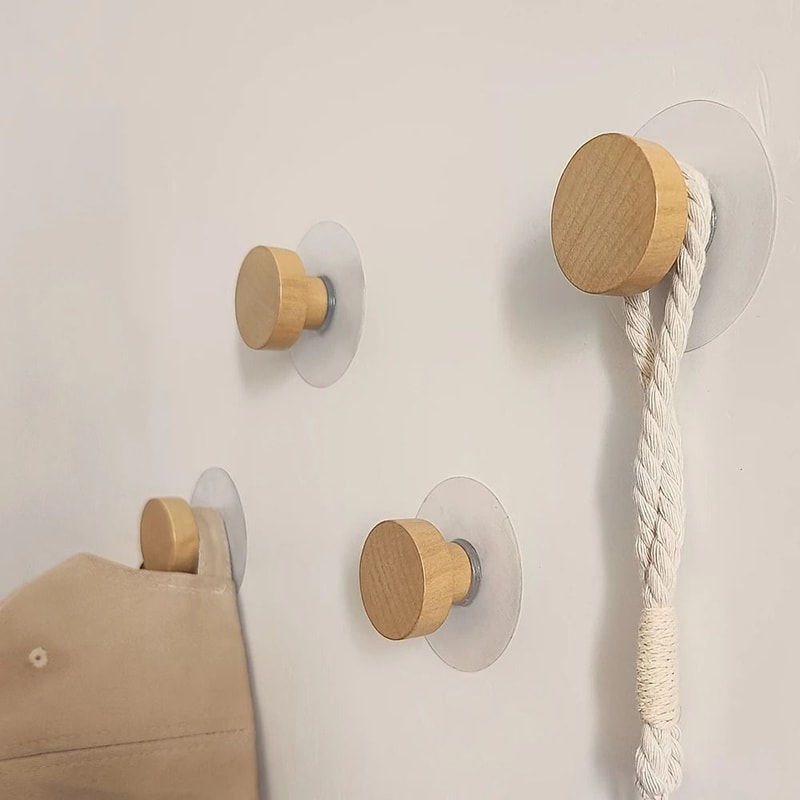Wooden Sticky Hat Hooks Adhesive Wall Hanger Pegs For Door Closet And Bathroom 0