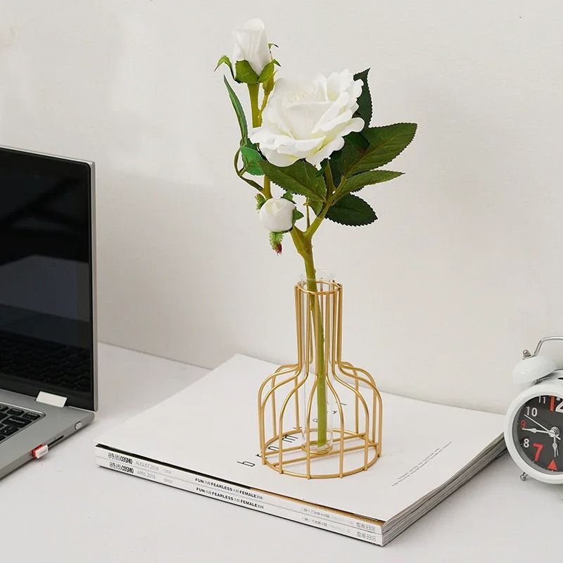 Golden Iron Vase With Clear Tube Modern Flower Holder For Dried Flowers And Home Decor 4