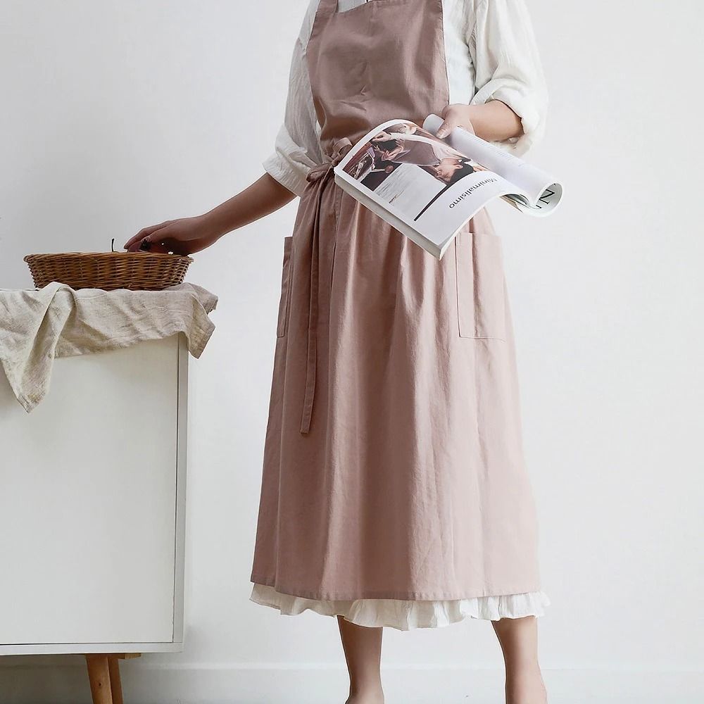 Japanese Style Long Floral Apron Waterproof Cotton Linen Baking And Teacher Smock Dress 3