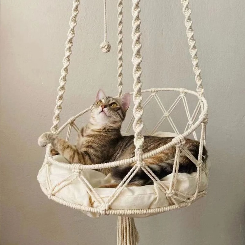 Boho Hanging Cat Hammock Handwoven Cotton Rope Cat Bed With Cushion For Cozy Winter Rest 0