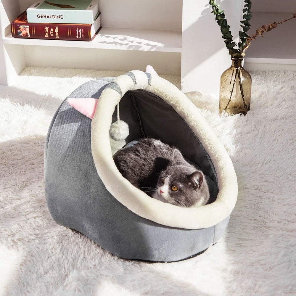 Warm Semi Closed Cat Cave Bed Cozy Winter Pet Nest For Cats And Small Dogs 3