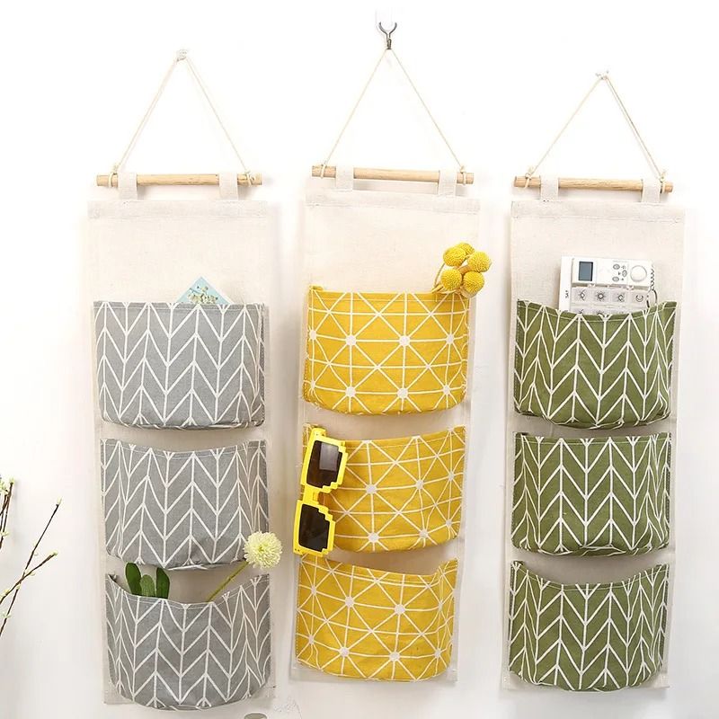 3 Pocket Hanging Wall Organizer Cotton Linen Storage Bag For Bedroom Kitchen And Living Room 0
