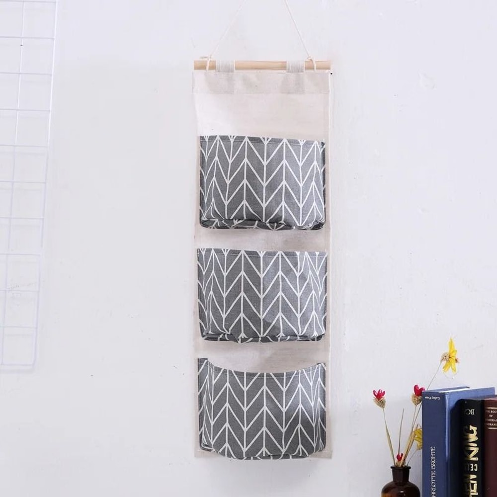 3 Pocket Hanging Wall Organizer Cotton Linen Storage Bag For Bedroom Kitchen And Living Room 10