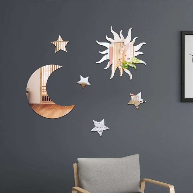 Star And Moon Acrylic Mirror Wall Stickers 6 Piece Self Adhesive Removable DIY Bedroom Decor Set 0