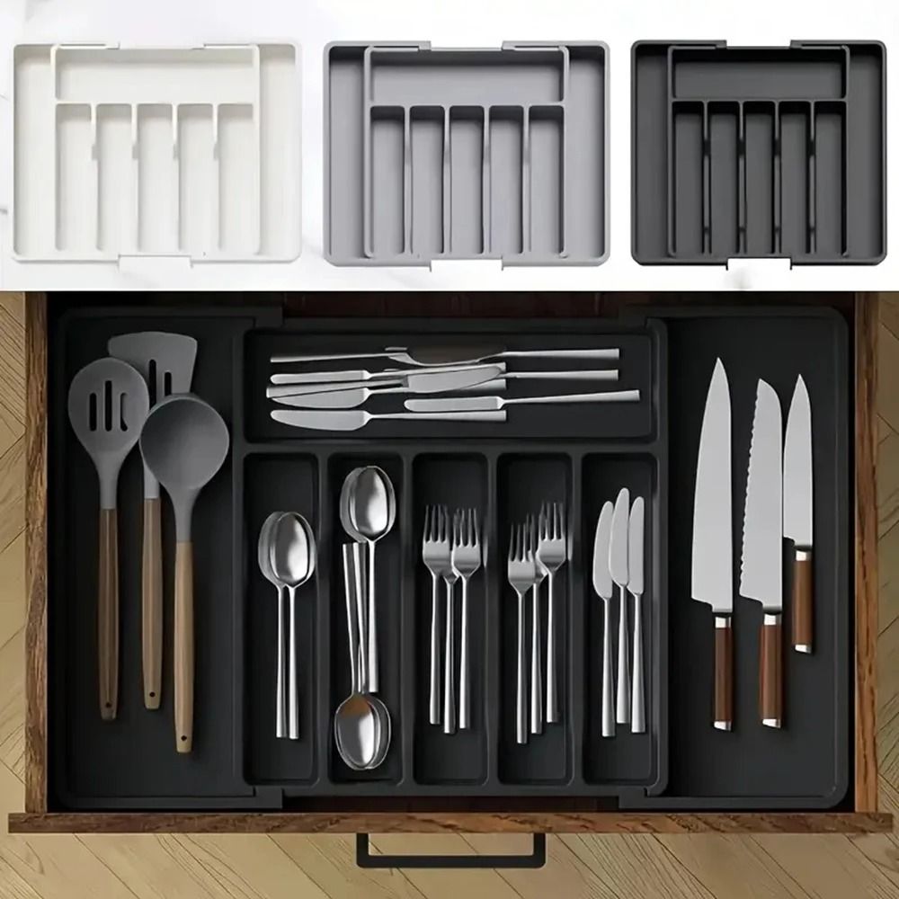Expandable Cutlery Organizer Tray For Kitchen Drawers With Compartments 0