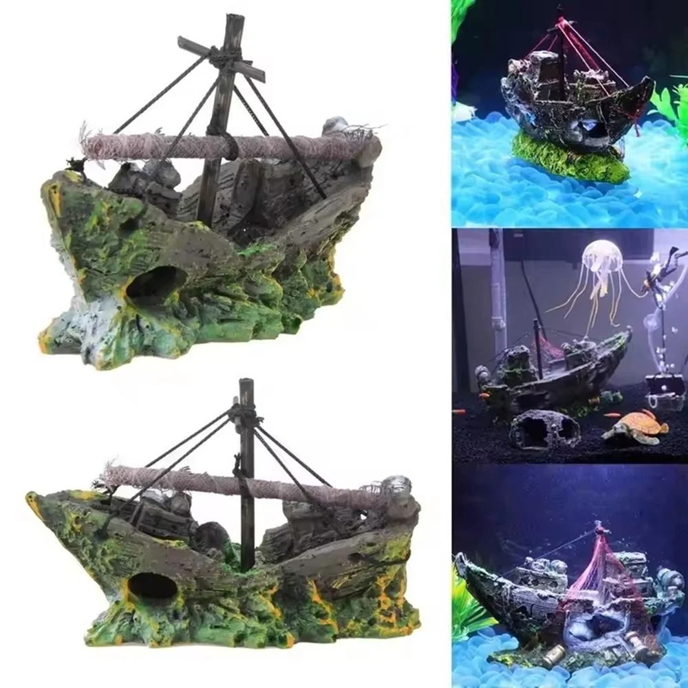 Resin Pirate Shipwreck Aquarium Ornament Underwater Fish Tank Decoration 1