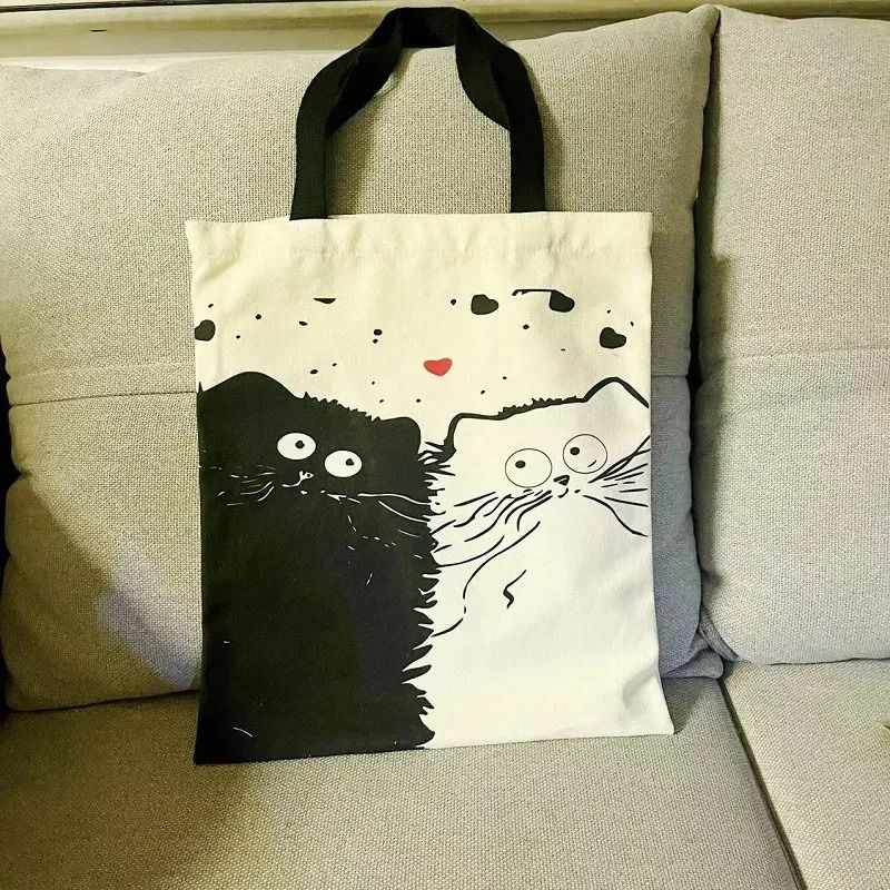 Cute Cat Canvas Tote Bag With Zipper Shoulder Shopping Bag For Students And Daily Use 1