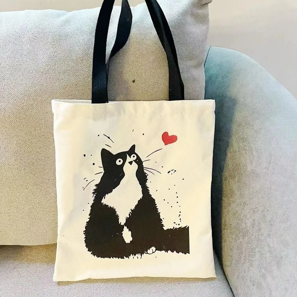 Cute Cat Canvas Tote Bag With Zipper Shoulder Shopping Bag For Students And Daily Use 2