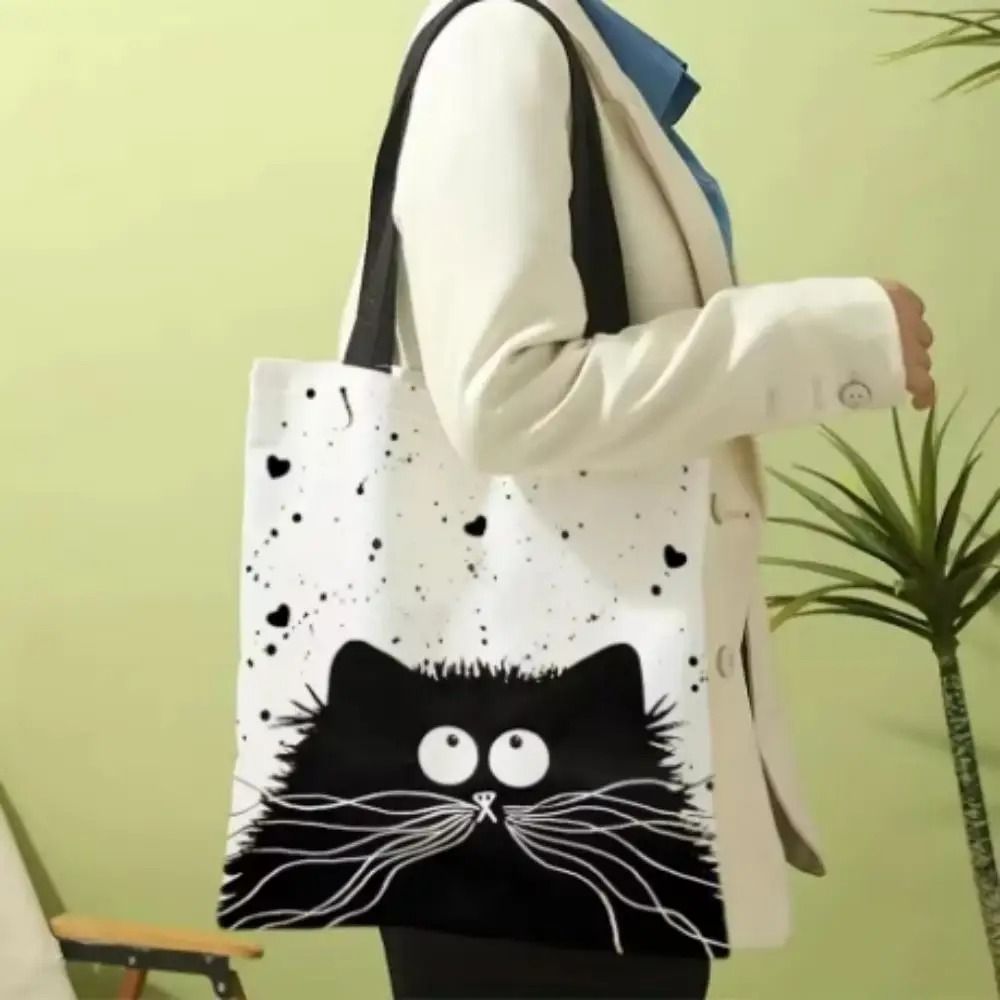 Cute Cat Canvas Tote Bag With Zipper Shoulder Shopping Bag For Students And Daily Use 4