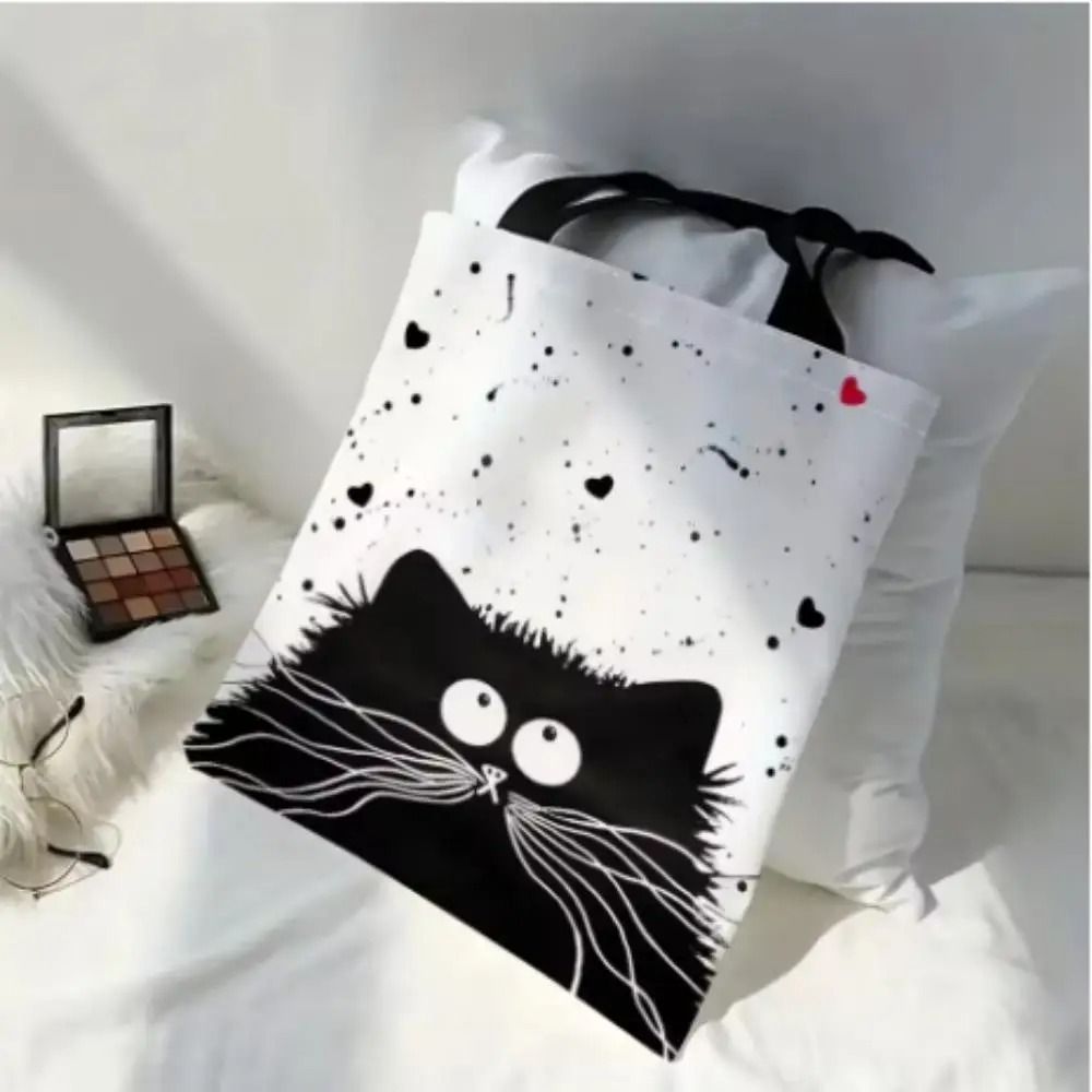 Cute Cat Canvas Tote Bag With Zipper Shoulder Shopping Bag For Students And Daily Use 5