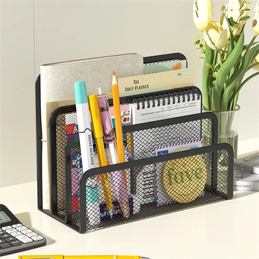 3 Tier Metal Mesh Desk Organizer Tray Black Document And Magazine File Holder Rack 2