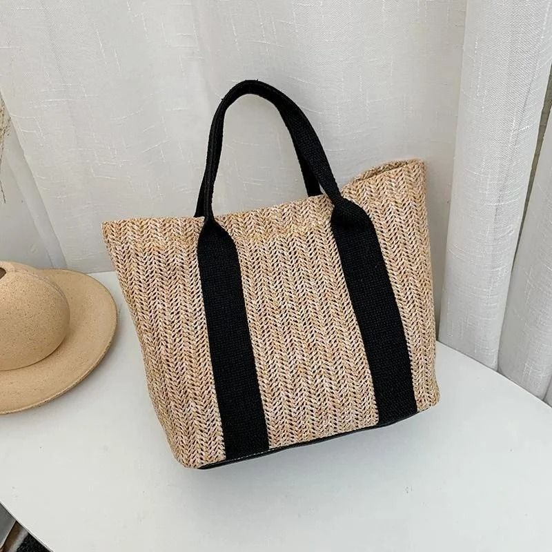 Color Block Straw Tote Bag With Zipper Summer Handbag For Women Lightweight Shoulder Bag 1