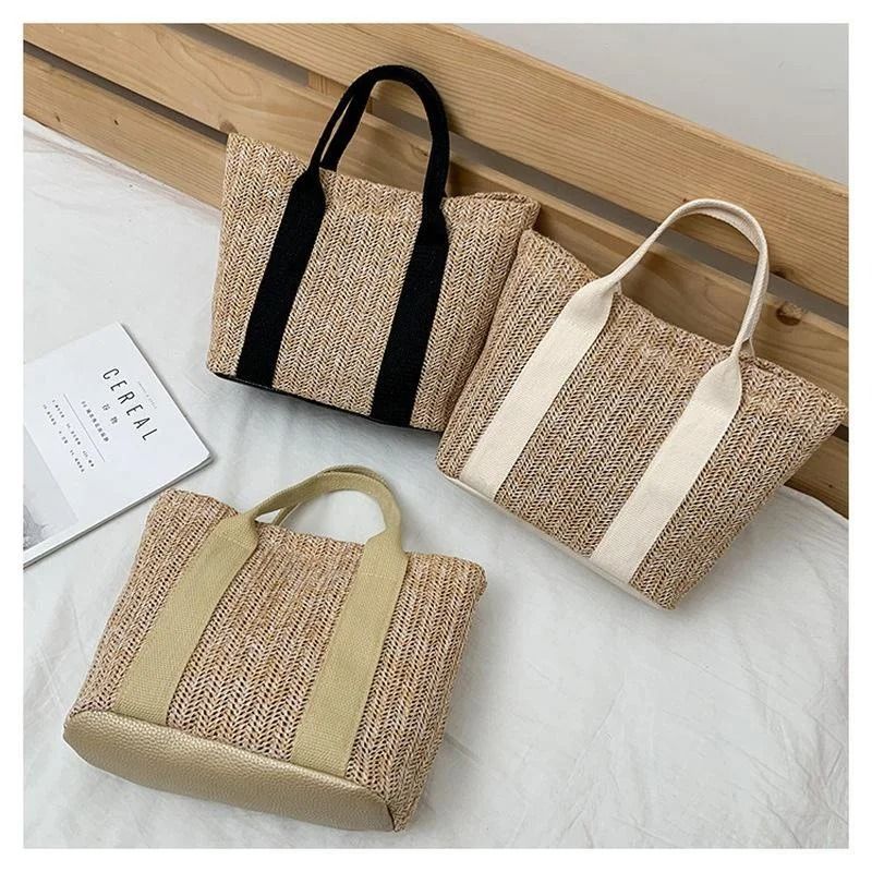 Color Block Straw Tote Bag With Zipper Summer Handbag For Women Lightweight Shoulder Bag 5
