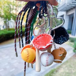 mini baseball keychain set with bat glove and ball pu leather sports keyring gift