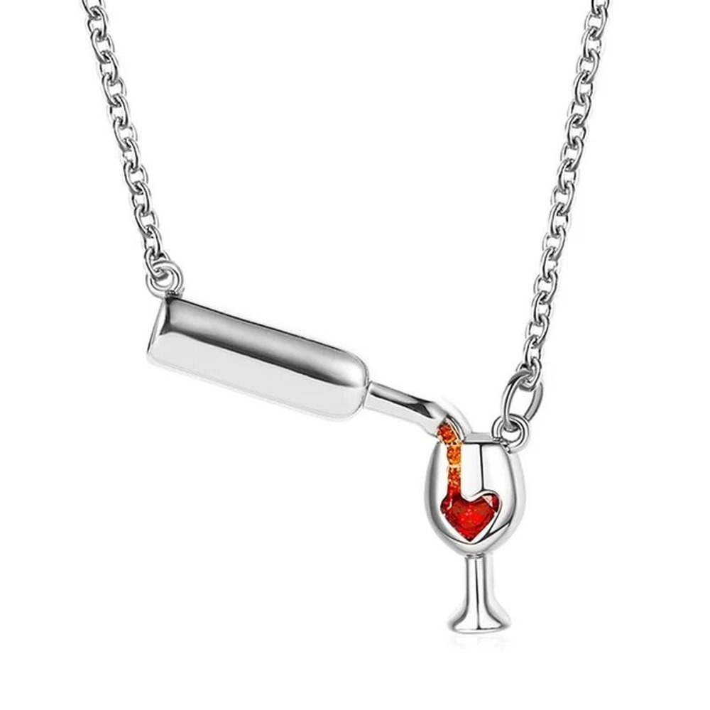 Crystal Red Heart Pendant Necklace Rhinestone Wine Bottle Charm Clavicle Chain For Wome 2