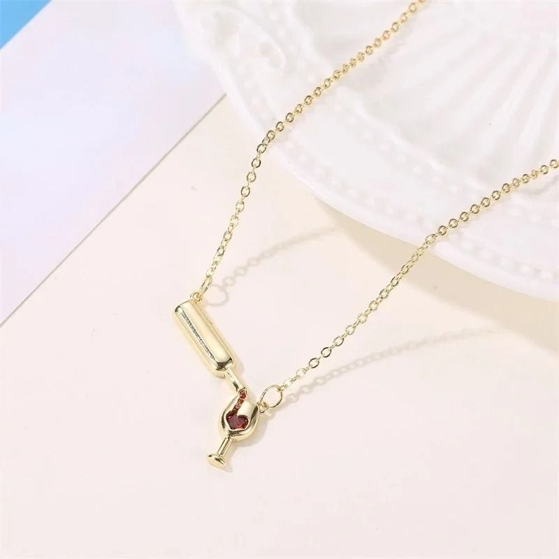 Crystal Red Heart Pendant Necklace Rhinestone Wine Bottle Charm Clavicle Chain For Wome 5