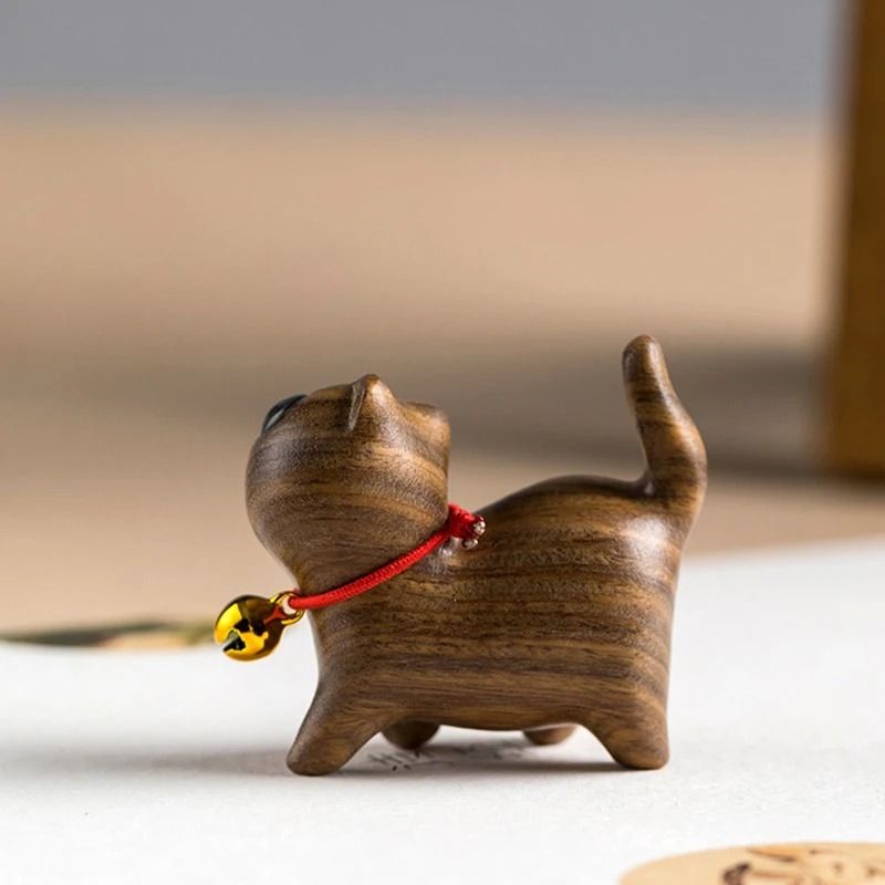 Handmade Sandalwood Kawaii Cat Miniature Figurine 1
