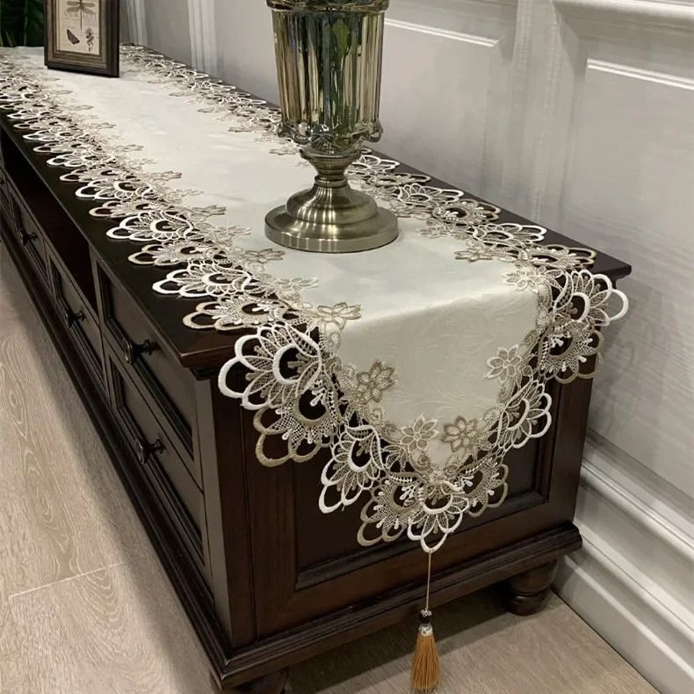 Elegant White Lace Embroidered Table Runner 1