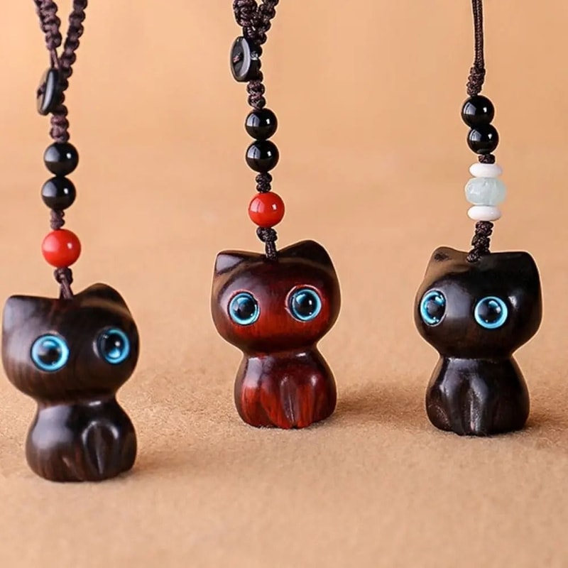 Creative Cute Cat Shape Lucky Blessing Charm Sandalwood Keychain Pendant 0