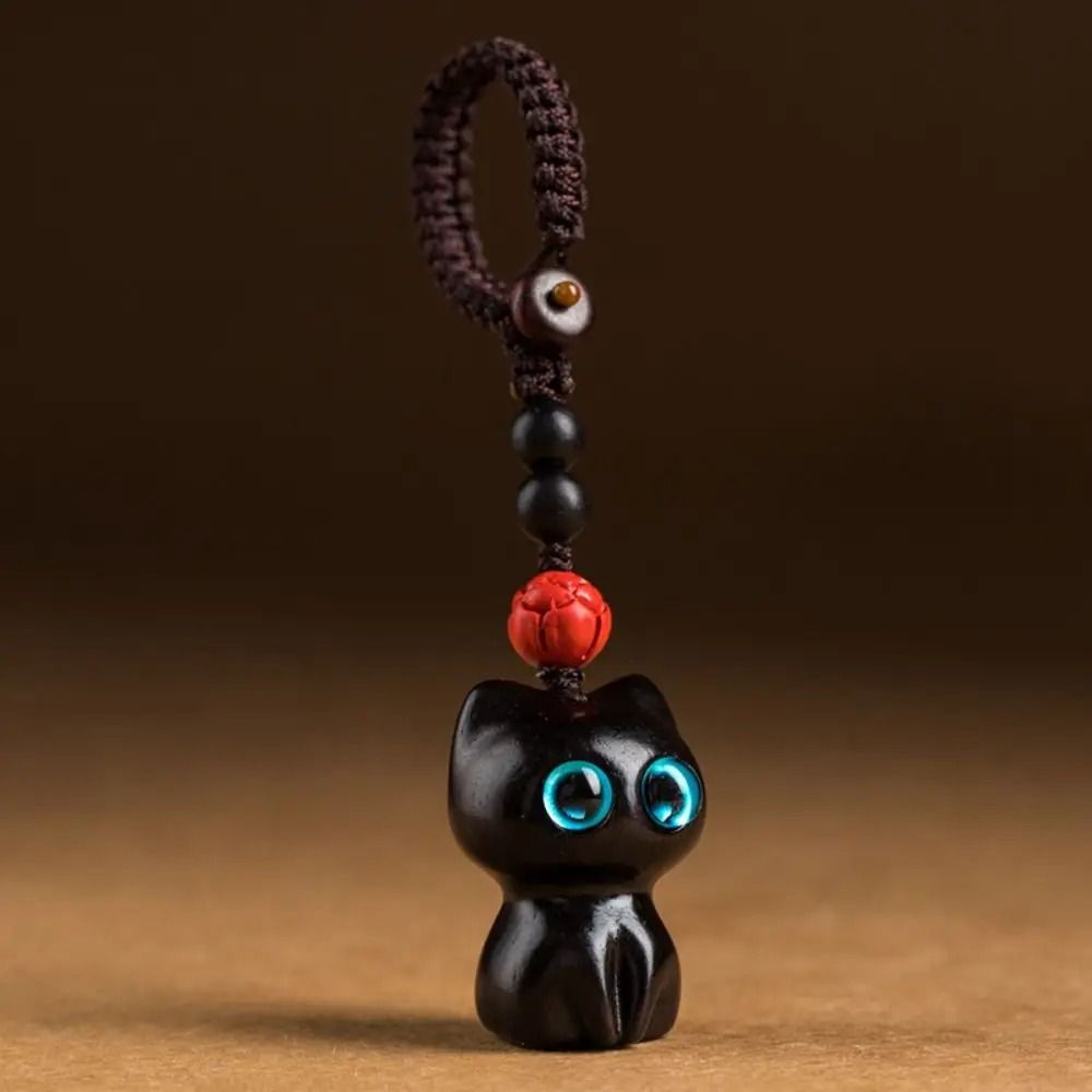 Creative Cute Cat Shape Lucky Blessing Charm Sandalwood Keychain Pendant 10