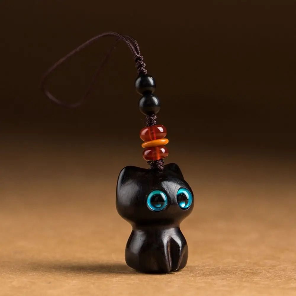 Creative Cute Cat Shape Lucky Blessing Charm Sandalwood Keychain Pendant 11