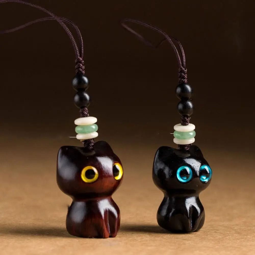 Creative Cute Cat Shape Lucky Blessing Charm Sandalwood Keychain Pendant 2
