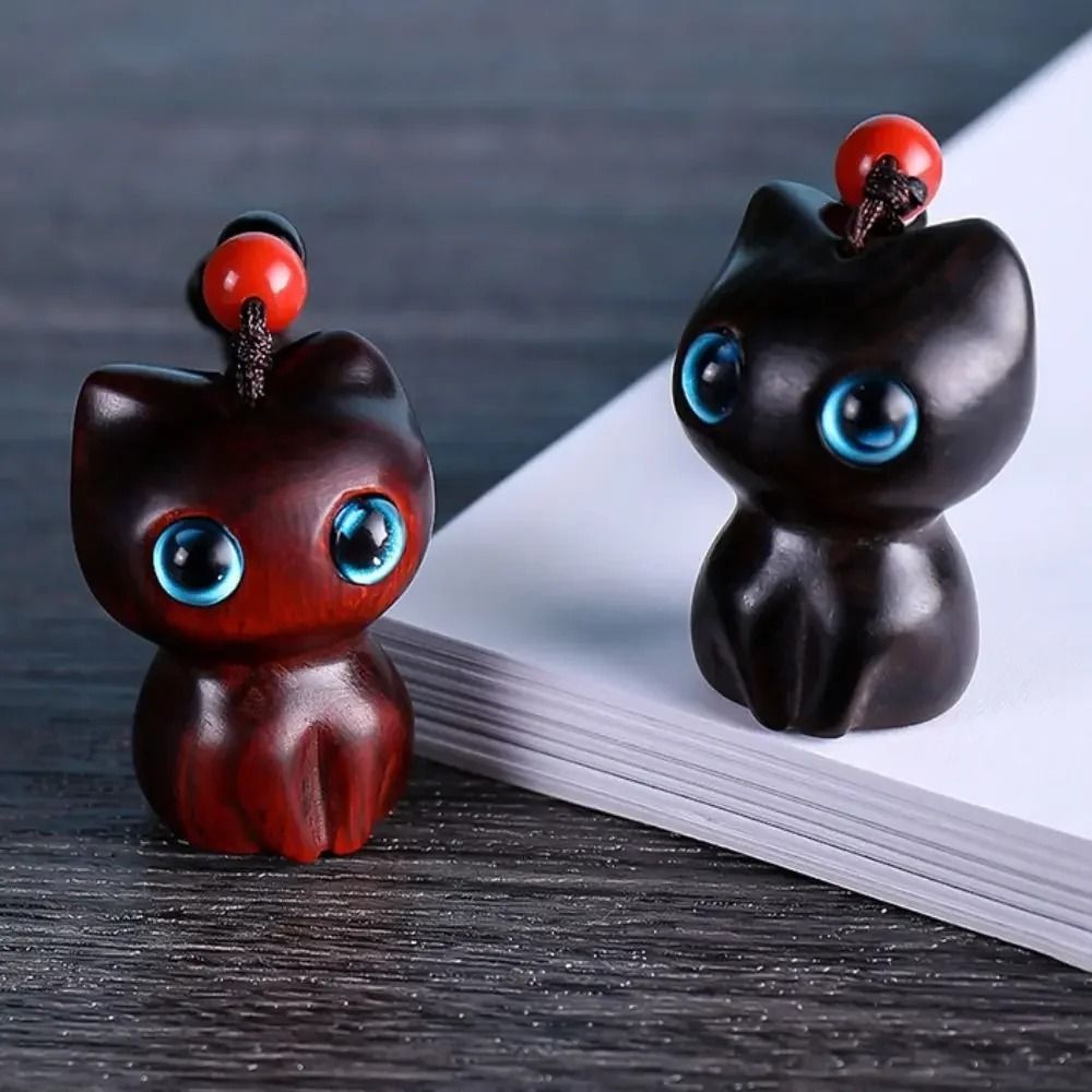 Creative Cute Cat Shape Lucky Blessing Charm Sandalwood Keychain Pendant 3