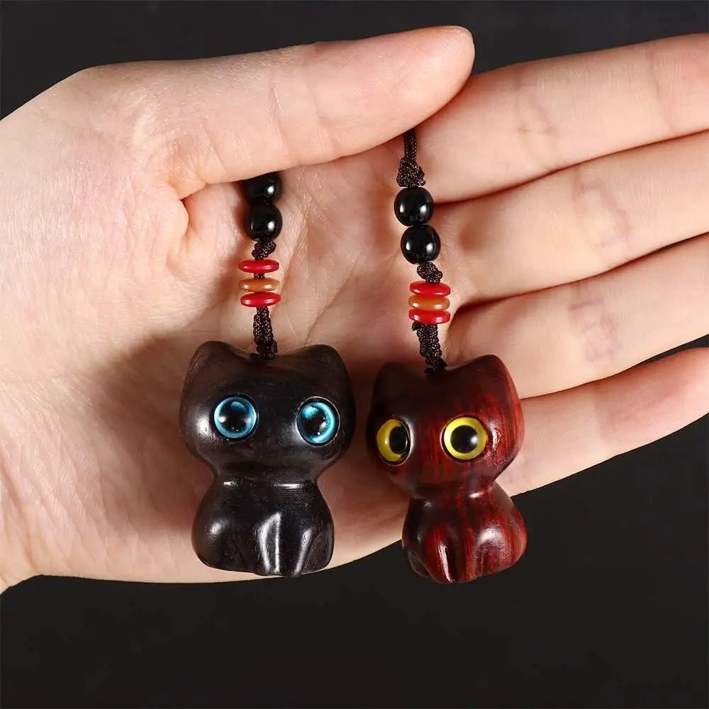 Creative Cute Cat Shape Lucky Blessing Charm Sandalwood Keychain Pendant 5