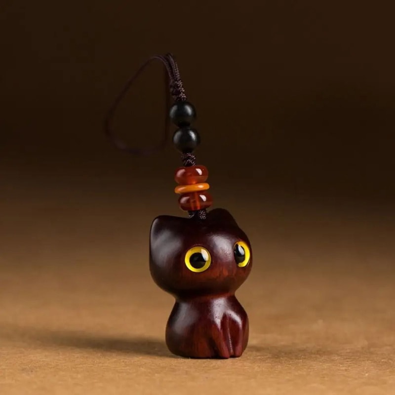 Creative Cute Cat Shape Lucky Blessing Charm Sandalwood Keychain Pendant 7