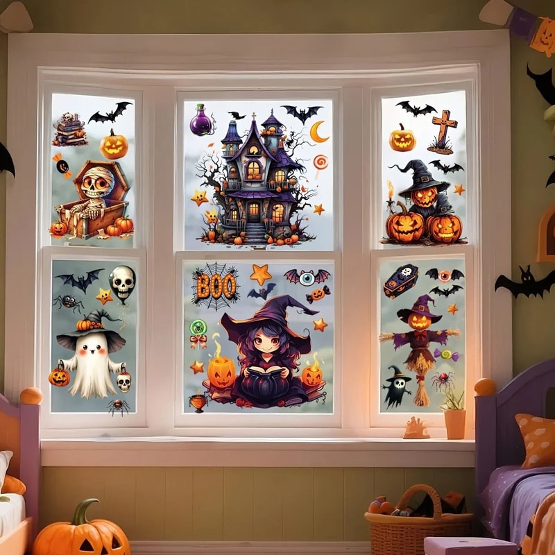 3D Halloween Window Sticker Set Reusable Double Sided Static Cling Glass Decals 3