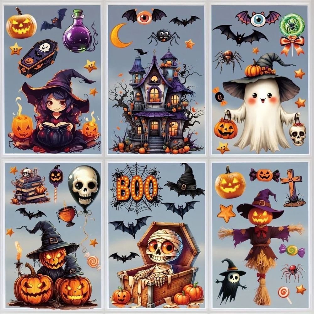 3D Halloween Window Sticker Set Reusable Double Sided Static Cling Glass Decals 6