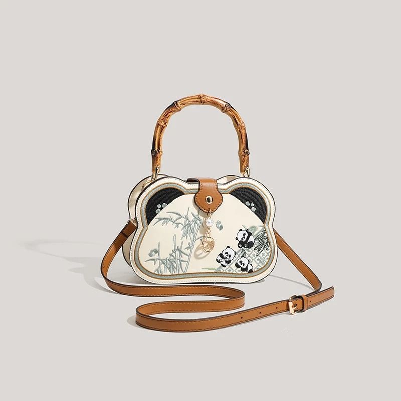 Chinese Style Panda Head Crossbody Bag With Bamboo Joint Handle 2