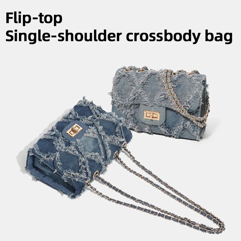 Trendy Shredded Denim Diamond Crossbody Chain Bag 0